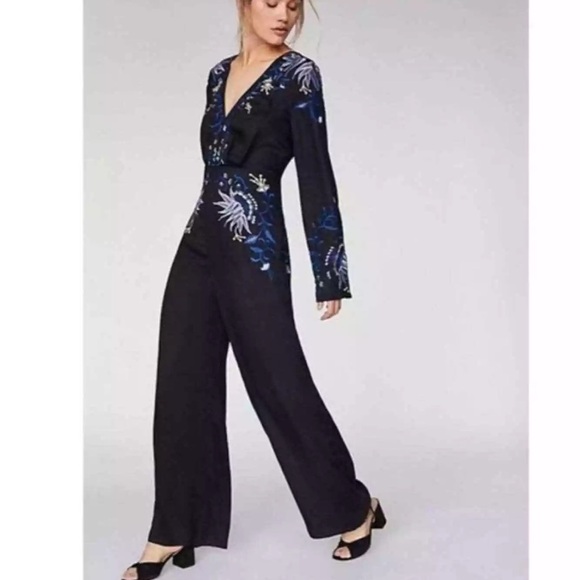 Free People Gypsy Rose Jumpsuit Floral Embroidered Black Size 6 Wide Leg - Picture 1 of 11